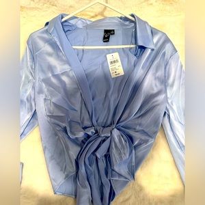 Light blue long sleeve collar silk top with open chest that ties in the front.